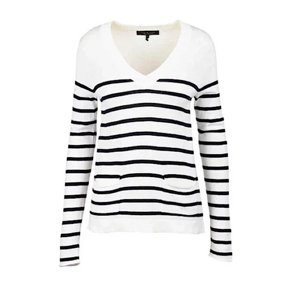 RAG & BONE Cashmere Cotton Striped Knit V-Neck Long Sleeve Pullover Sweater XS - Picture 1 of 6